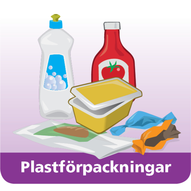 tecknad bild av plastförpackningar, diskmedel, ketchupförpackning osv