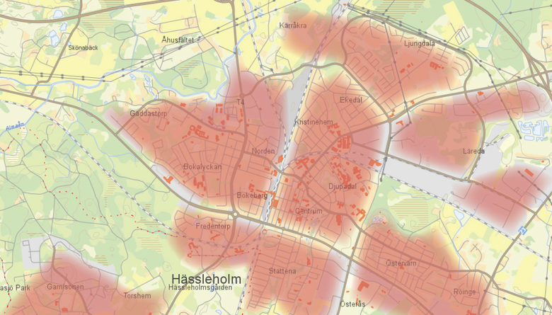 Karta över fjärrvärmenätet i Hässleholm